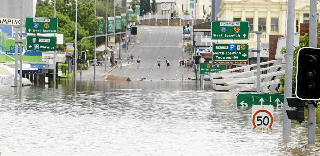 SWAMPED CITY: Floodwater over Limestone St in the Ipswich CBD about 11:30am on January 11, 2011. SWAMPED CITY: Floodwater over Limestone St in the Ipswich CBD about 11:30am on January 11, 2011.